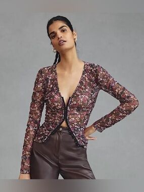 LN WOMENS SMALL (bust 36”) ANTHROPOLOGIE DITSY FLORAL MESH BLOUSE SHIRT TOP